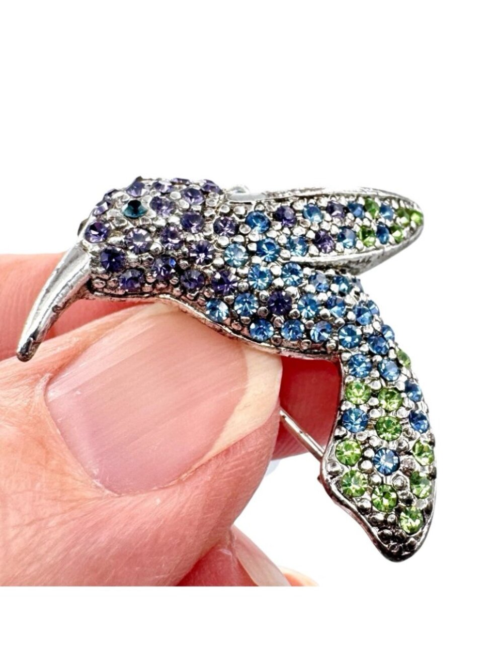 Monet Hummingbird Brooch Pin Silver Tone Pave Purple Blue Green Rhinestones 1" - Picture 6 of 16